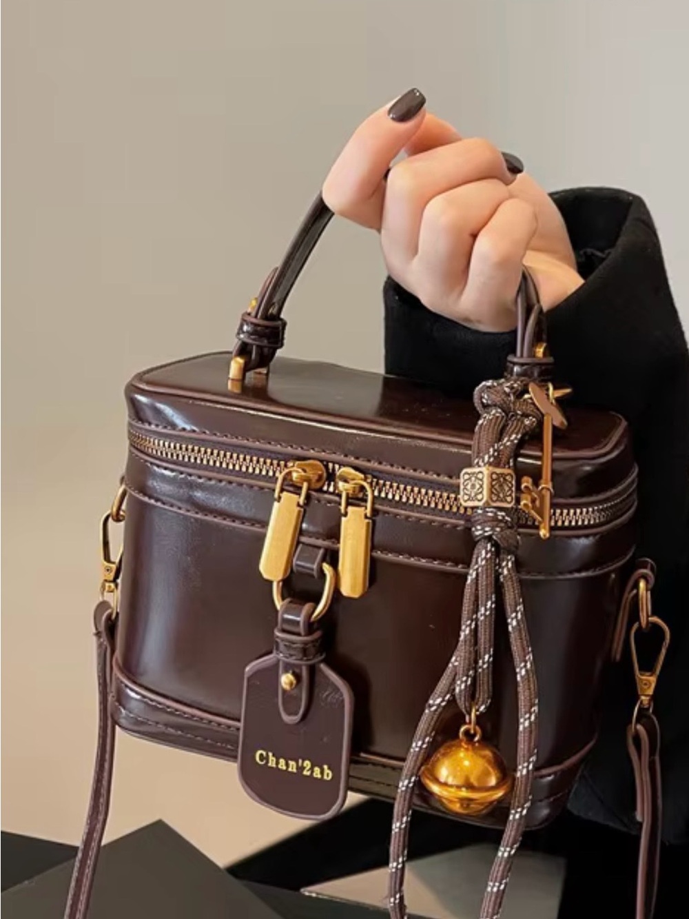 Dark Brown faux leather Box Bag with Gold Hardware